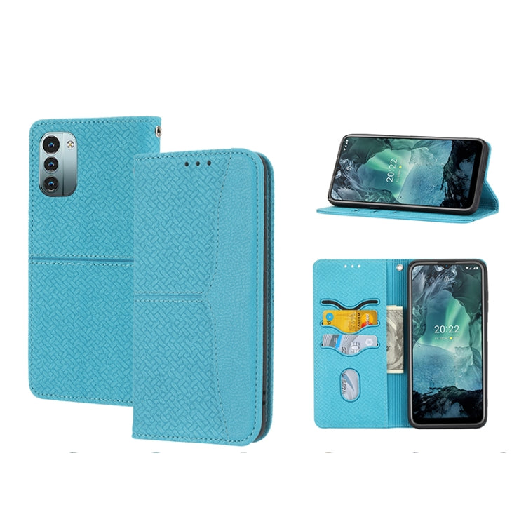Light blue magnetic PU leather phone case with woven texture, folio cover and card slots