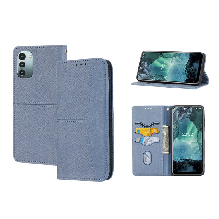 Grey magnetic PU leather phone case with woven texture, folio cover and card slots