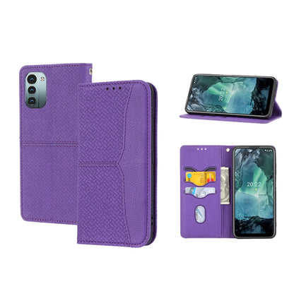 Purple magnetic PU leather phone case with woven texture, folio cover and card slots