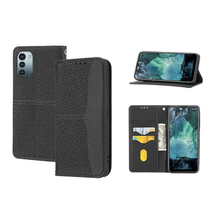 Black magnetic PU leather phone case with woven texture, folio cover and card slots