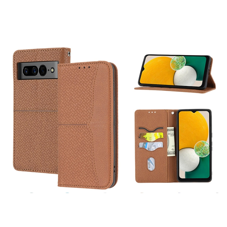 Brown magnetic PU leather phone case with woven texture, folio cover and card slots