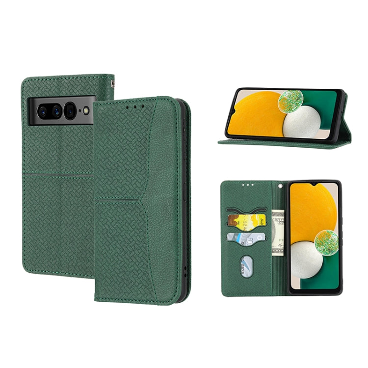 Green magnetic PU leather phone case with woven texture, folio cover and card slots