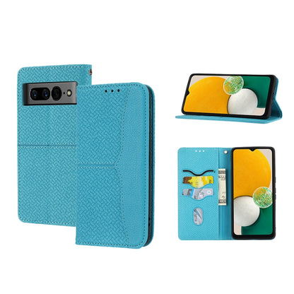 Blue woven-texture magnetic PU leather phone case with flip cover and cutouts
