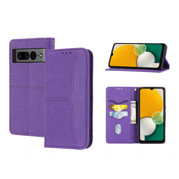 Purple woven-texture magnetic PU leather phone case with flip cover and cutouts