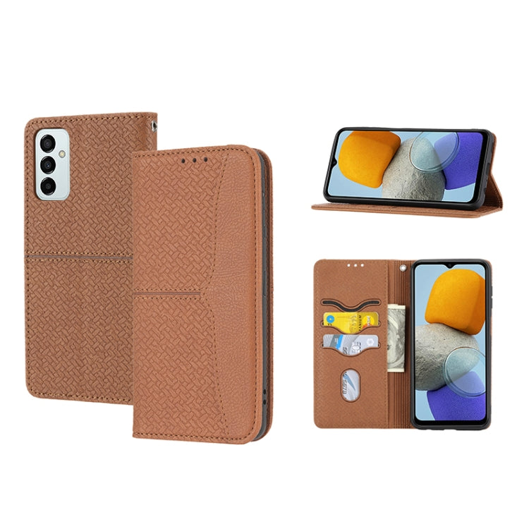 Woven texture magnetic PU leather phone case in brown, flip stand with card slots