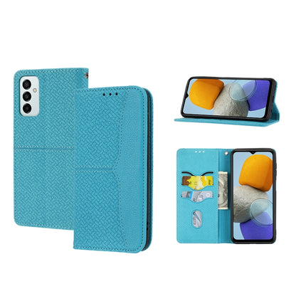 Magnetic PU leather phone folio case with woven texture, turquoise blue, card slots