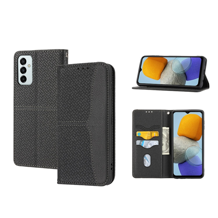 Black woven-texture magnetic folio phone case with card slots and kickstand