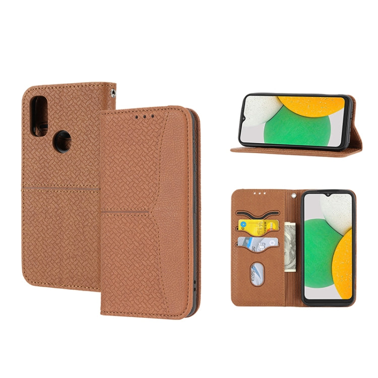Brown woven-texture magnetic PU leather phone case with flip cover and cutouts