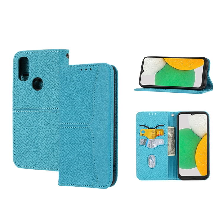 Light blue woven-texture magnetic PU leather phone case with flip cover and cutouts