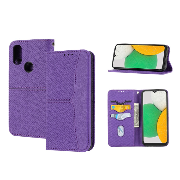 Violet woven-texture magnetic PU leather phone case with flip cover and cutouts