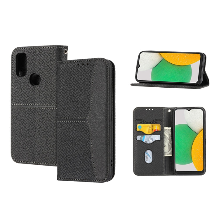 Black woven-texture magnetic PU leather phone case with flip cover and cutouts