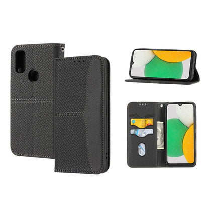 Black woven-texture magnetic PU leather phone case with flip cover and cutouts