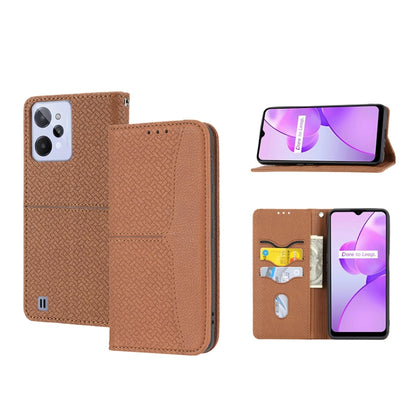 Magnetic PU leather phone case, brown woven texture folio with card slots and stand