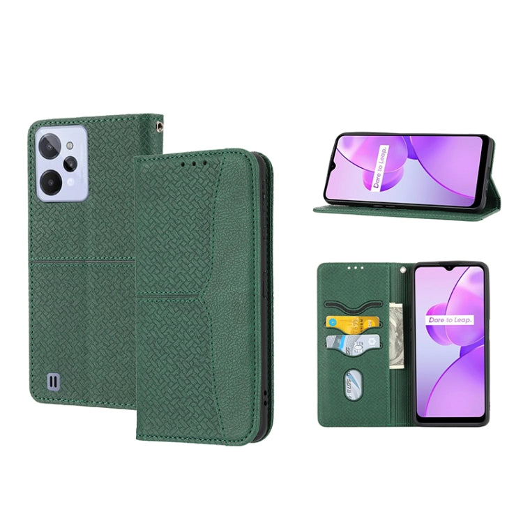 Magnetic PU leather phone case, green woven texture folio with card slots and stand