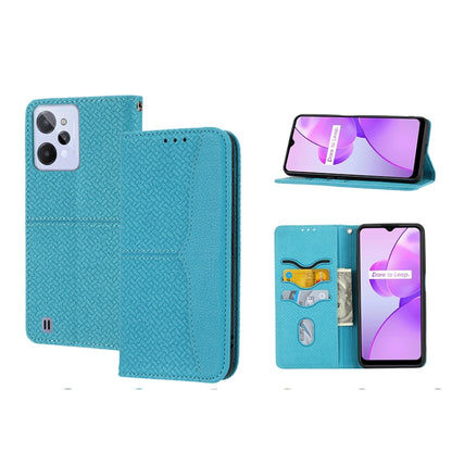 Magnetic PU leather phone case, blue woven texture folio with card slots and stand