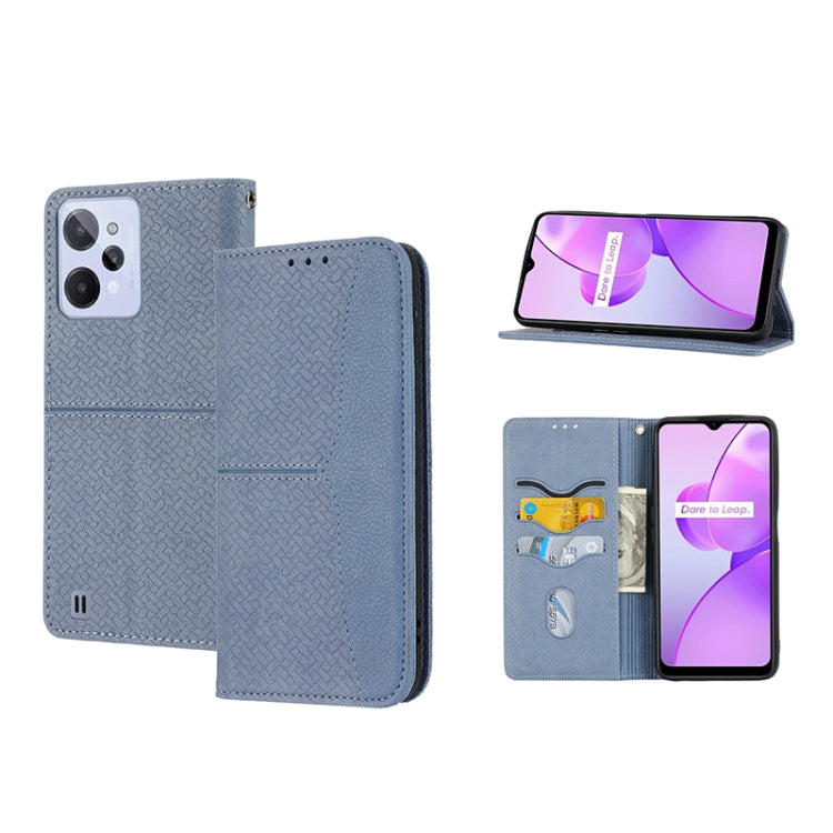Magnetic PU leather phone case, grey woven texture folio with card slots and stand