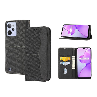 Magnetic PU leather phone case, black woven texture folio with card slots and stand