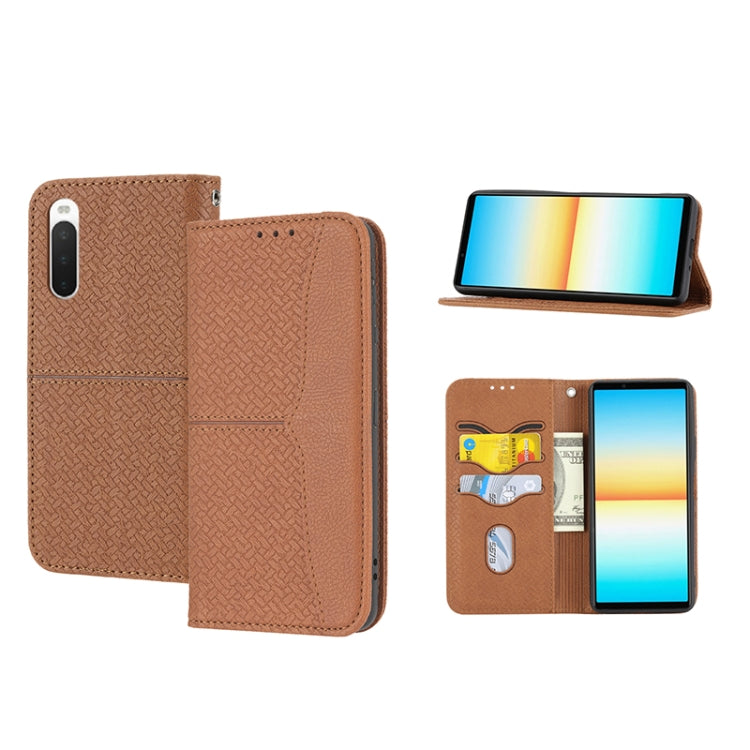 Magnetic PU leather phone case, brown woven texture folio with card slots and stand