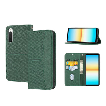Magnetic PU leather phone case, green woven texture folio with card slots and stand