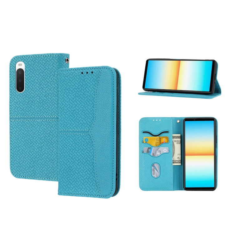 Magnetic PU leather phone case, blue woven texture folio with card slots and stand