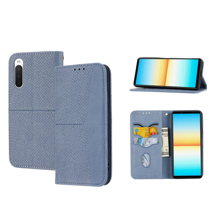 Magnetic PU leather phone folio case with woven texture, light blue, card slots