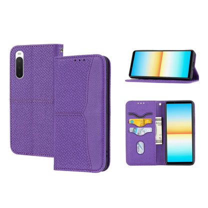 Magnetic PU leather phone folio case with woven texture, purple, card slots