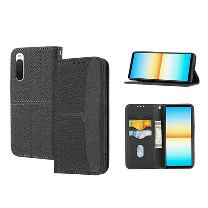 Magnetic PU leather phone folio case with woven texture, dark gray, card slots