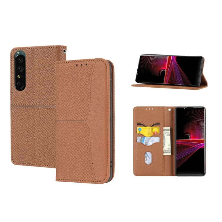 Magnetic PU leather phone folio case with woven texture, brown, card slots