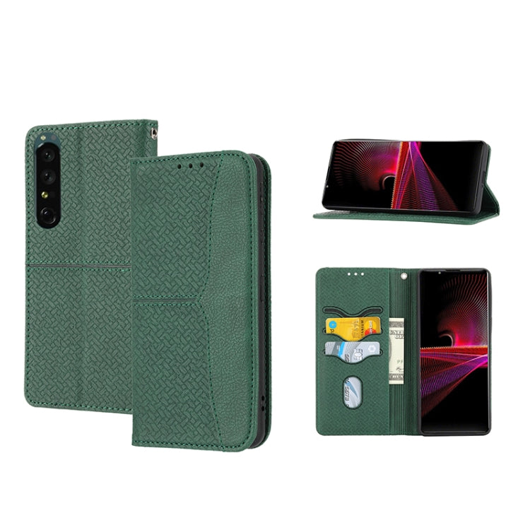 Magnetic PU leather phone folio case with woven texture, green, card slots
