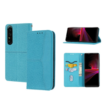 Magnetic PU leather phone folio case with woven texture, light blue, card slots
