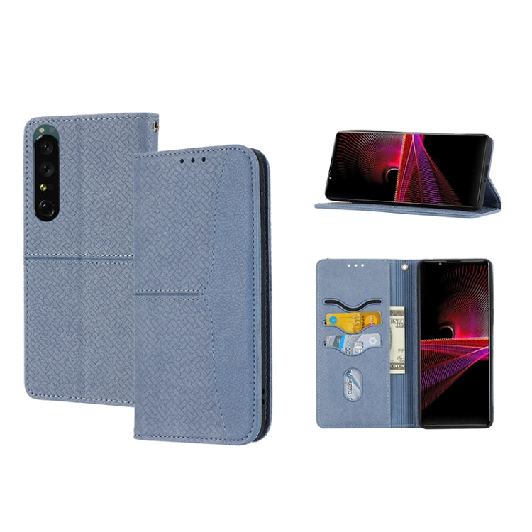 Magnetic PU leather phone folio case with woven texture, light gray-blue, card slots