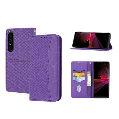 Magnetic PU leather phone folio case with woven texture, purple, card slots