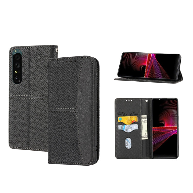 Magnetic PU leather phone folio case with woven texture, dark gray, card slots
