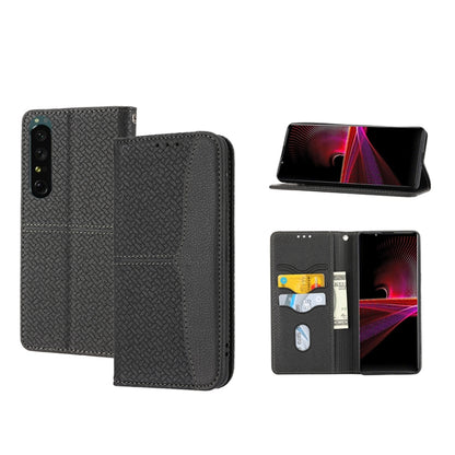 Magnetic PU leather phone folio case with woven texture, dark gray, card slots