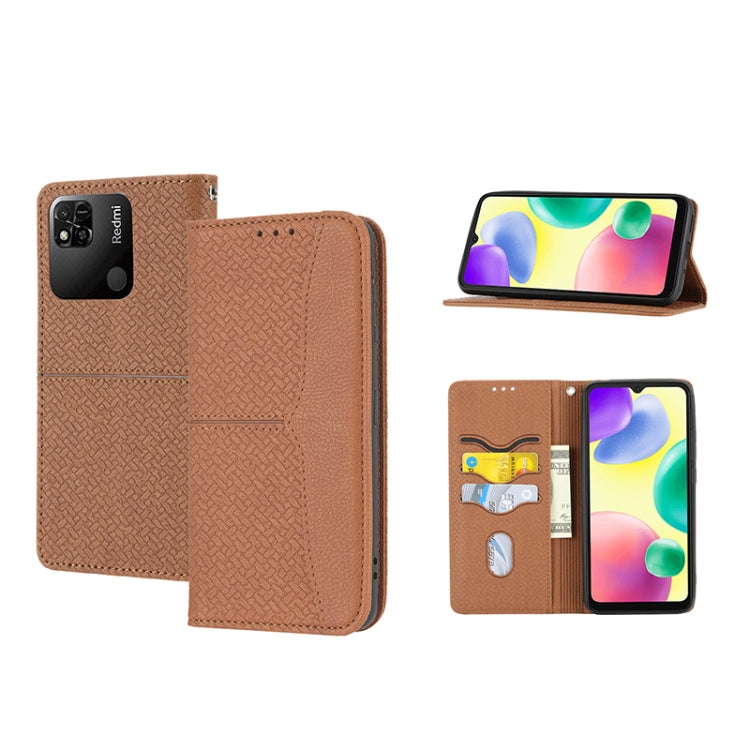 Brown woven-texture magnetic PU leather phone case with flip cover, card slots and stand