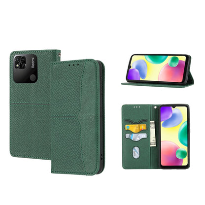 Green woven-texture magnetic PU leather phone case with flip cover, card slots and stand