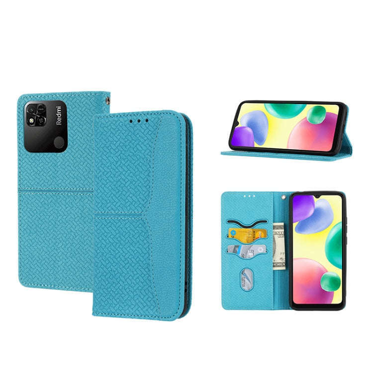 Blue woven-texture magnetic PU leather phone case with flip cover, card slots and stand