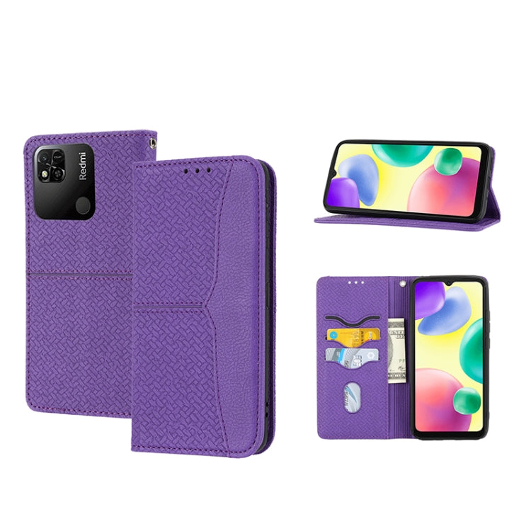 Purple woven-texture magnetic PU leather phone case with flip cover, card slots and stand