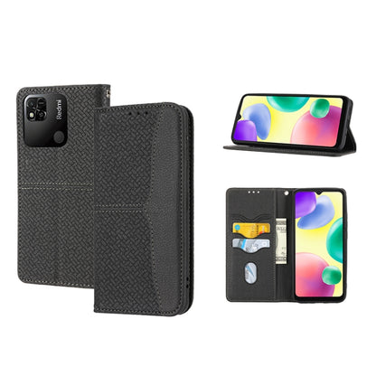 Black woven-texture magnetic PU leather phone case with flip cover, card slots and stand