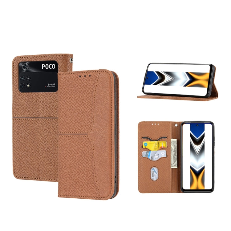 Brown woven-texture magnetic PU leather phone case with flip cover, card slots and stand