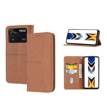 Brown woven-texture magnetic PU leather phone case with flip cover, card slots and stand