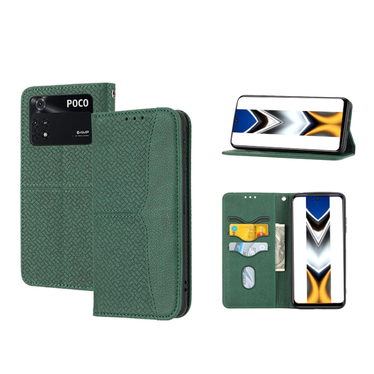Green woven-texture magnetic PU leather phone case with flip cover, card slots and stand