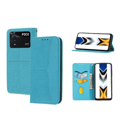 Light blue woven-texture magnetic PU leather phone case with flip cover, card slots and stand