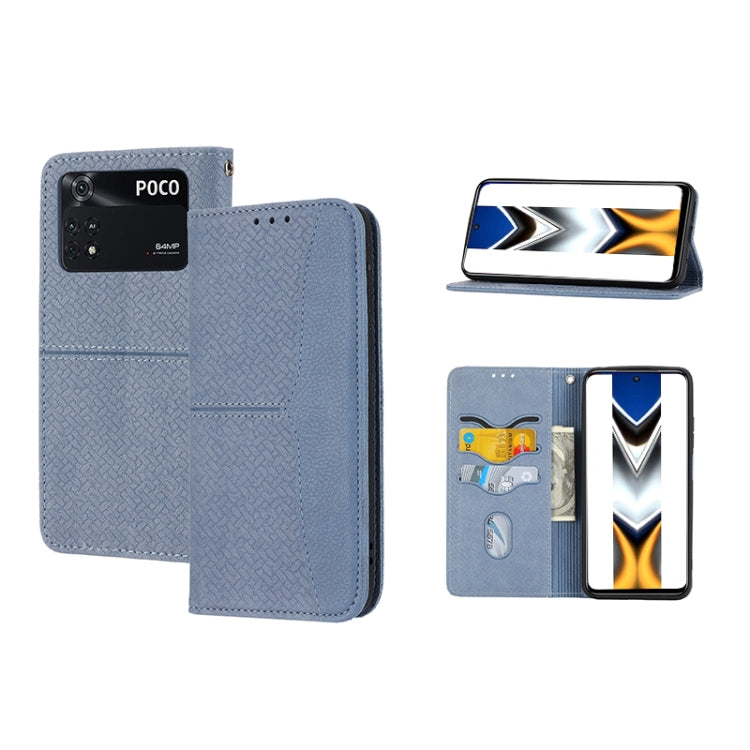Woven texture magnetic PU leather phone case, grey-blue flip stand with card slots