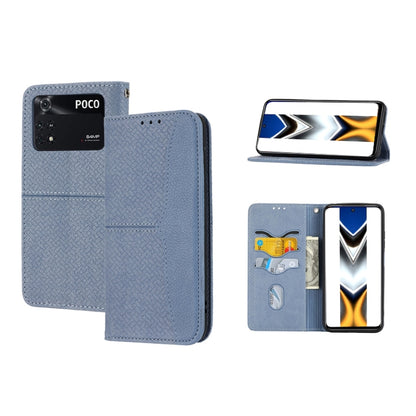 Woven texture magnetic PU leather phone case, grey-blue flip stand with card slots