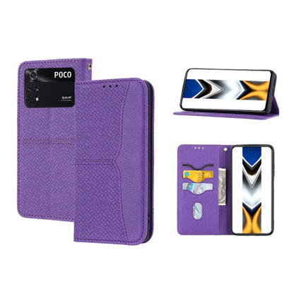 Woven texture magnetic PU leather phone case in purple, flip stand with card slots