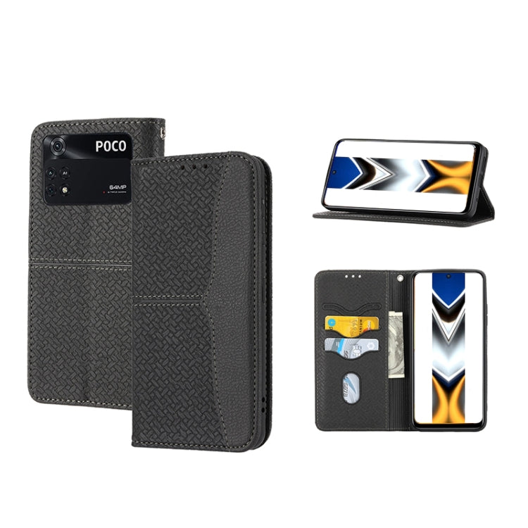 Woven texture magnetic PU leather phone case in dark grey, flip stand with card slots
