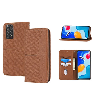 Woven texture magnetic PU leather phone case in tan, flip stand with card slots