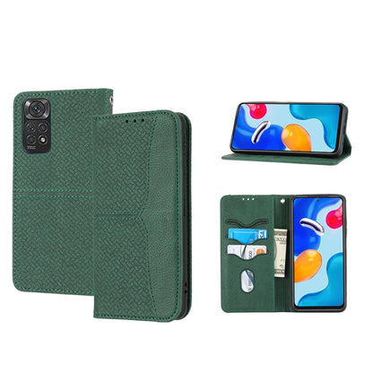 Woven texture magnetic PU leather phone case in green, flip stand with card slots