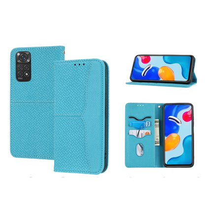 Woven texture magnetic PU leather phone case in teal blue, flip stand with card slots